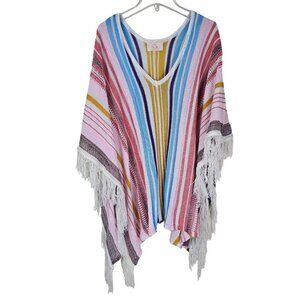 Festival Multicolor Striped Rainbow Fringe Poncho Cape Shawl Boho Relaxed Casual